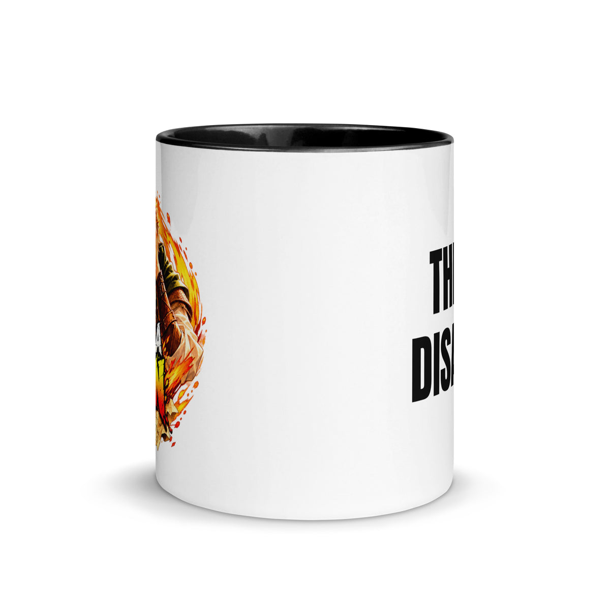 Front view of the white 11 oz TTT Dice Disagreed mug with black rim and interior