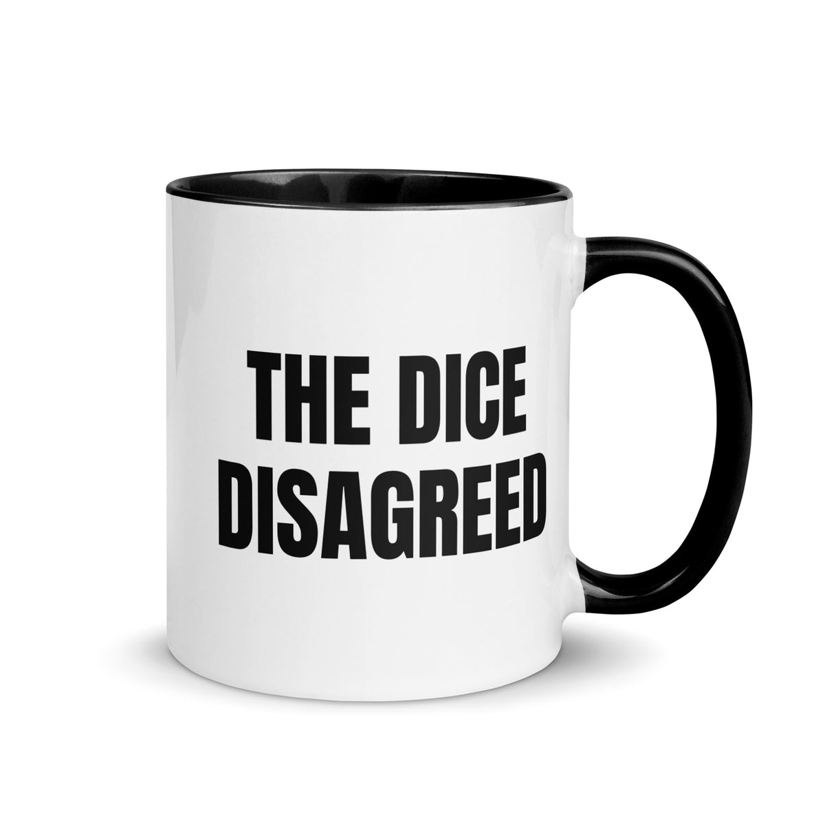 The Dice Disagreed text on the reverse of a white TTT mug with black handle